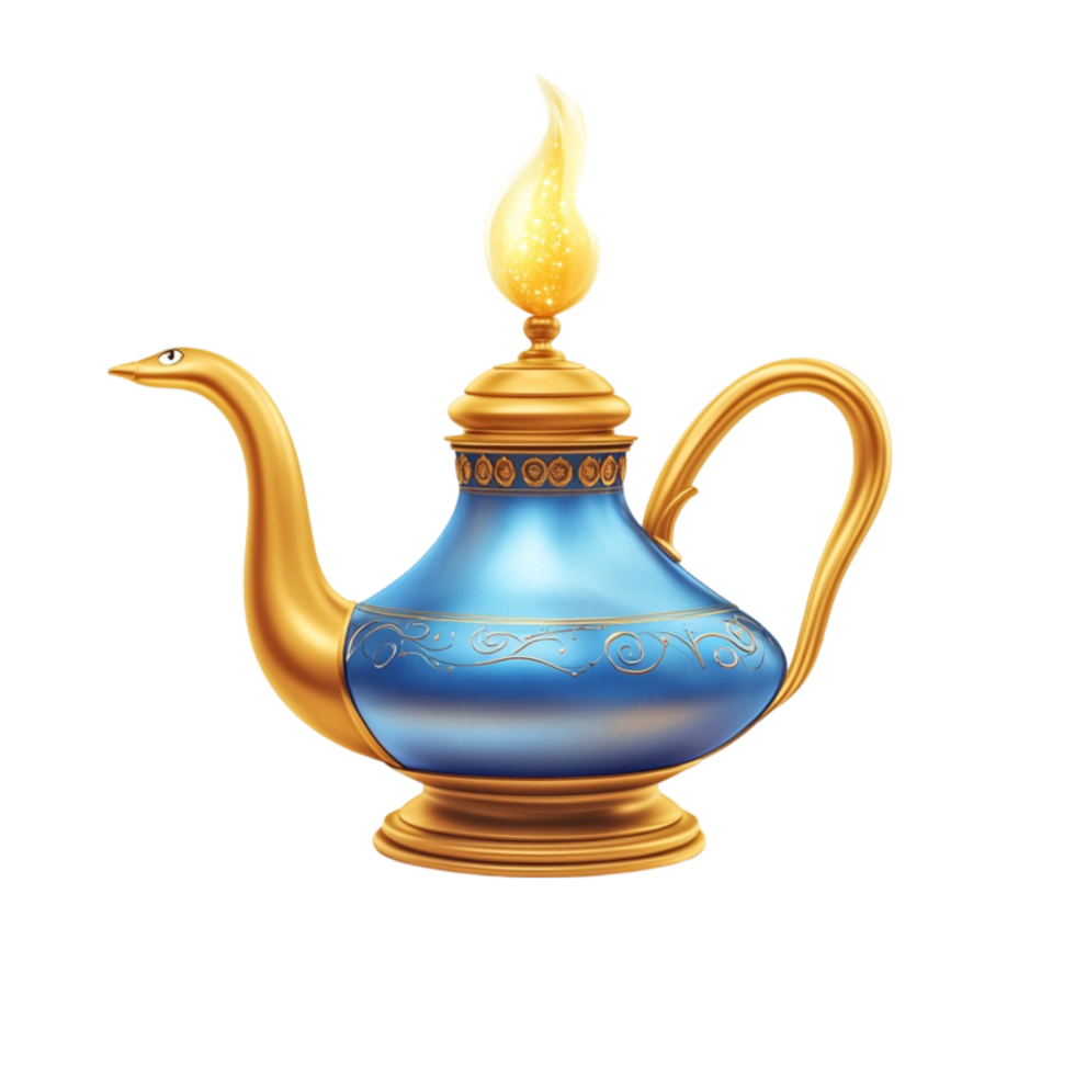 Illustration of a Blue and Gold Teapot with a Flame on Transparent Background png
