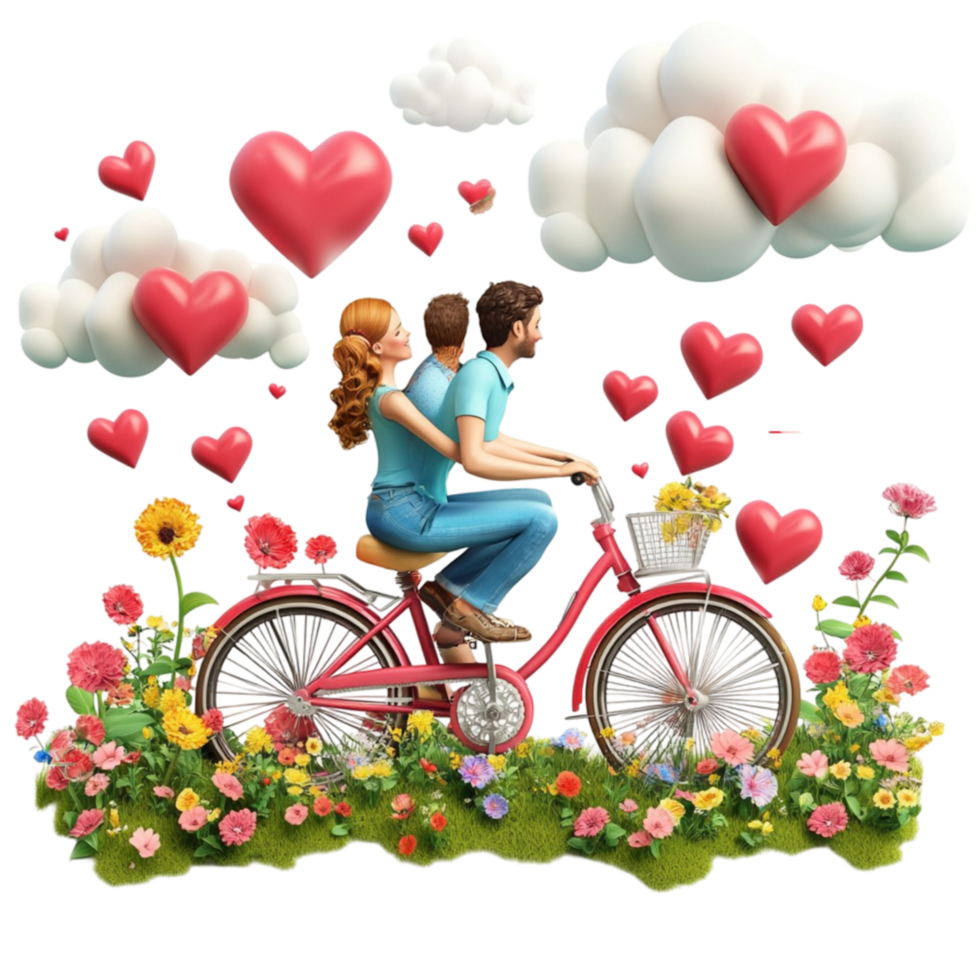 Couple Riding Bicycle with Hearts in the Sky On Transparent Background and Flowers png