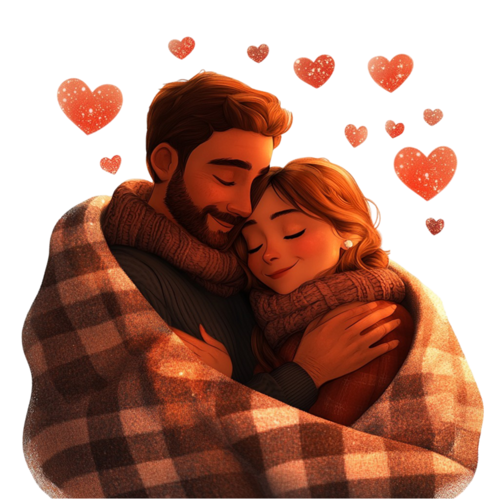 Couple Hugging in Blanket with Hearts on Transparent Background png