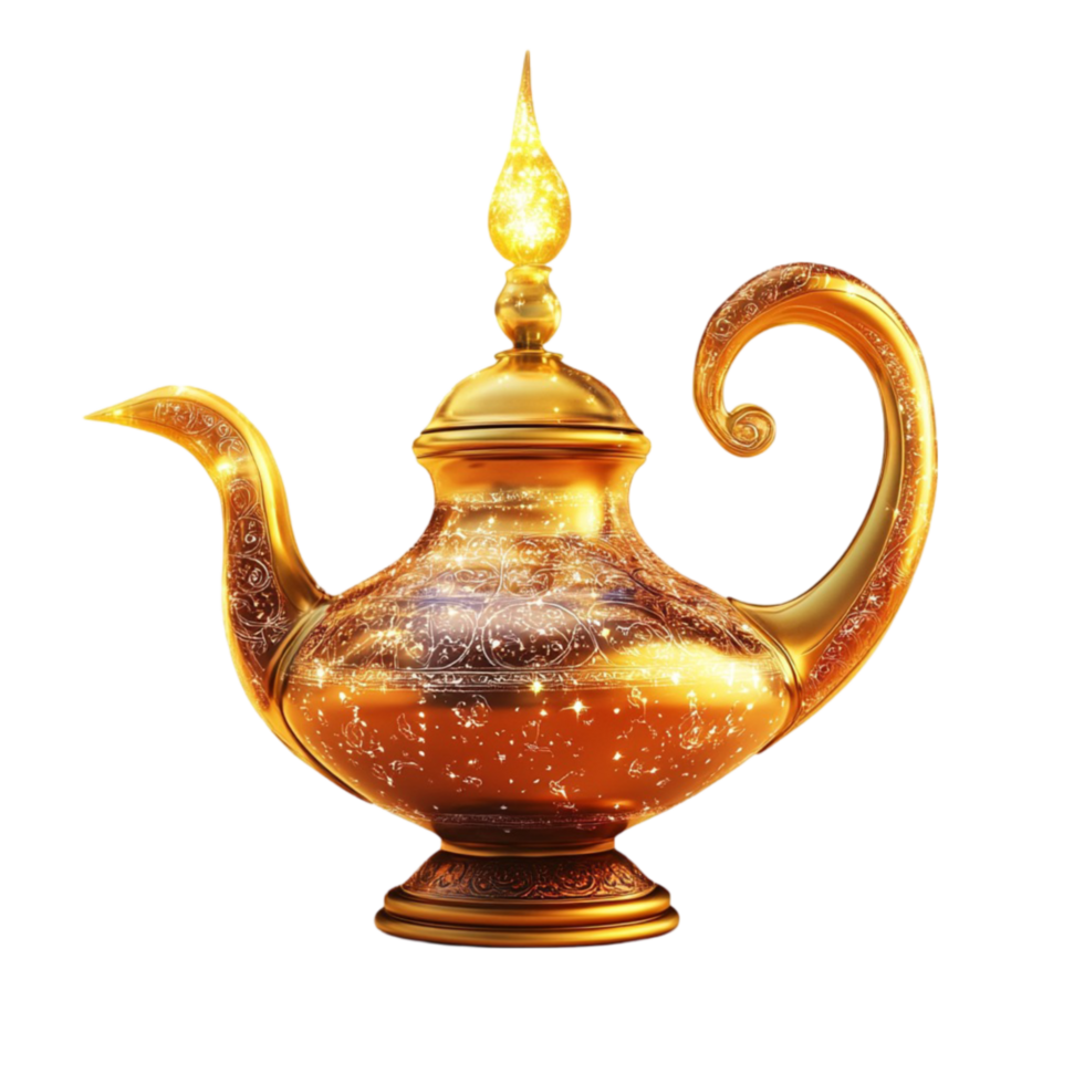 Arabian Teapot with Golden Lid and Glowing Light on Transparent Background png