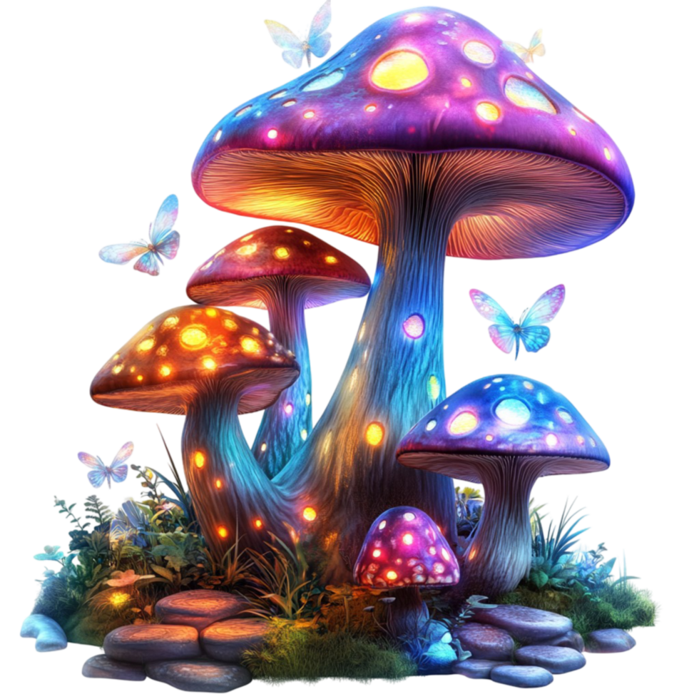 Magical glowing mushrooms with vibrant neon lighting png
