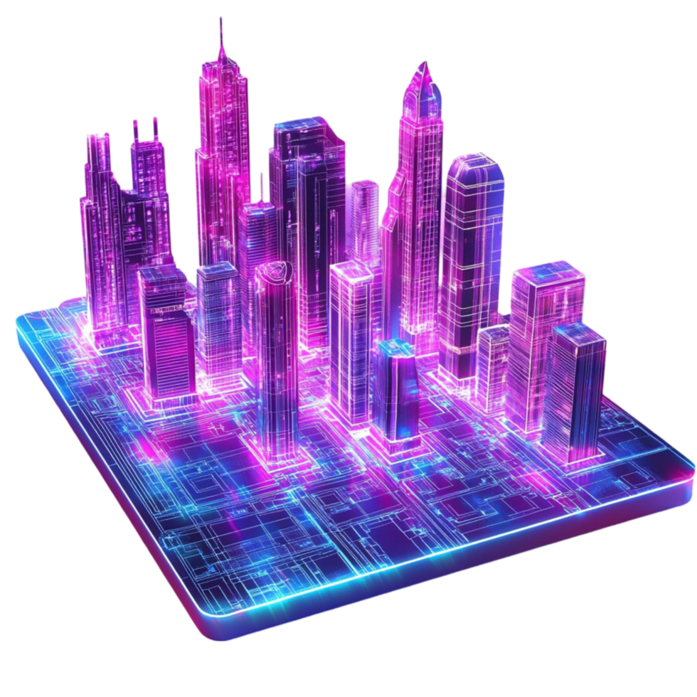 Futuristic glowing cityscape with radiant neon skyscrapers png