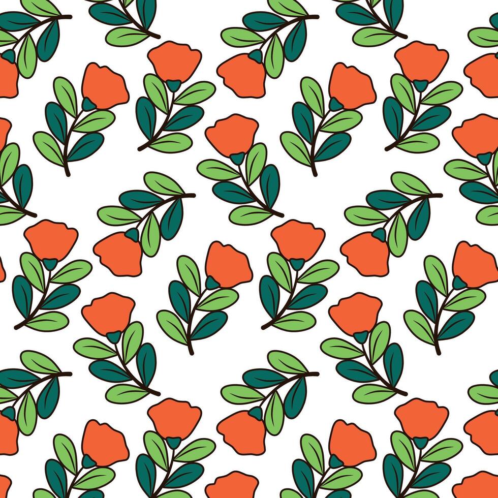 Seamless pattern, rose flower motif with abstract composition of plants on white surface. Botanical background design with line art of flowers, branches, leaves. . vector