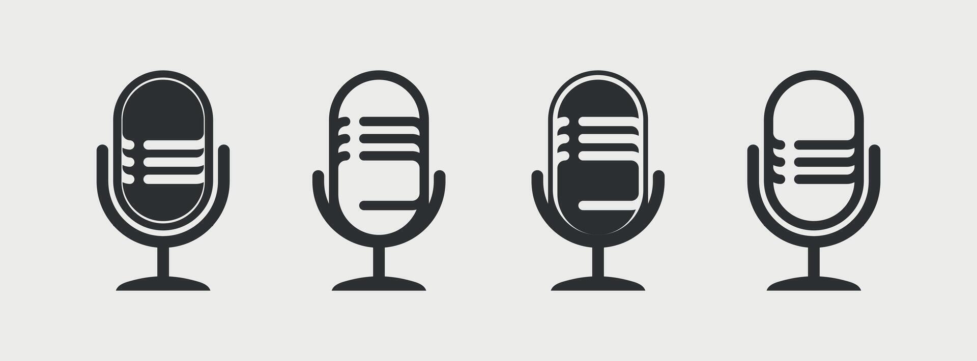 Set of microphone web icon . Flat retro music, studio and radio mic sign collection. Black silhouette design, art image illustration, isolated on white background. vector