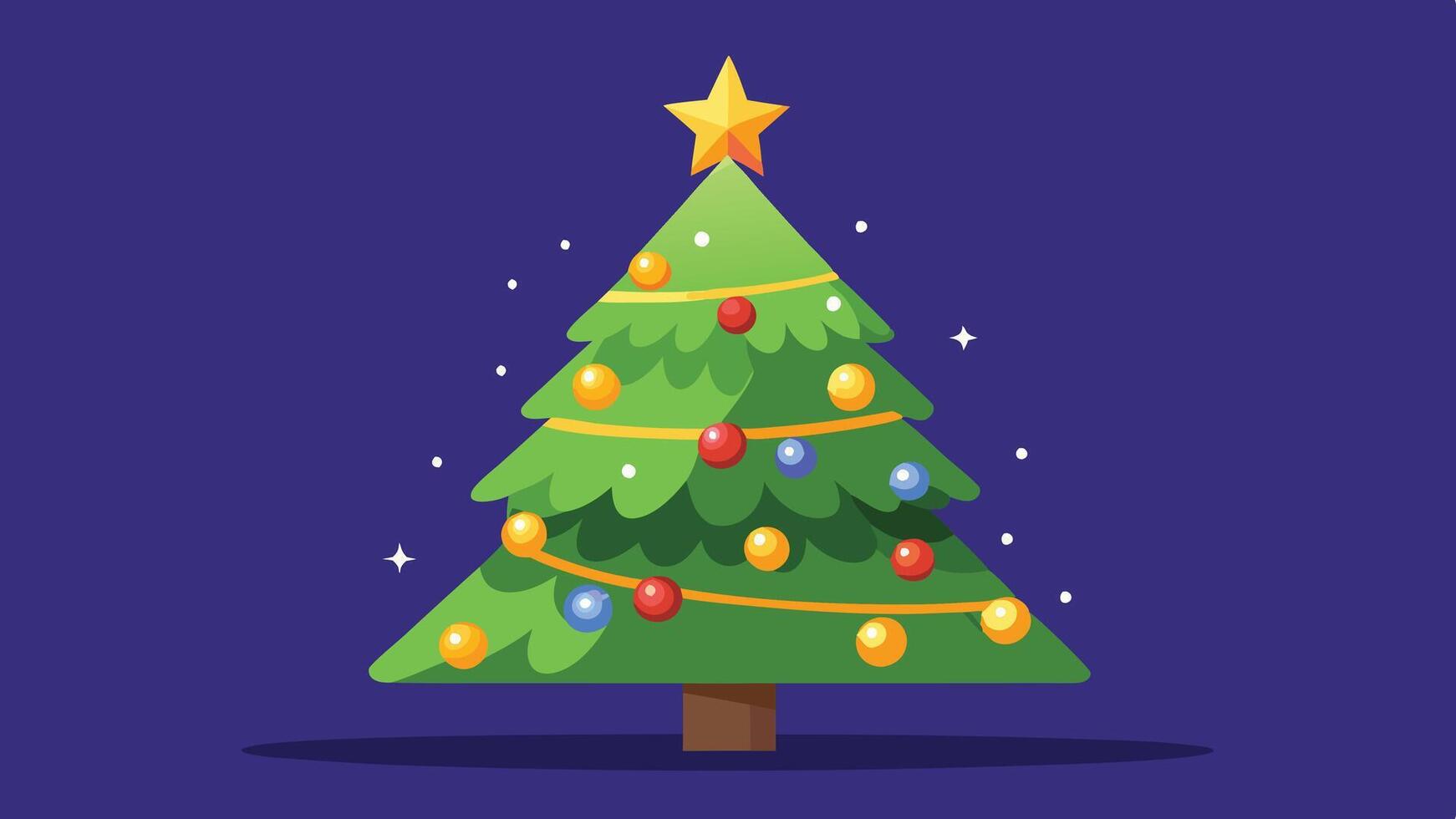 A beautifully decorated Christmas tree with colorful ornaments and a star on top stands in a snowy landscape under a starry night sky vector