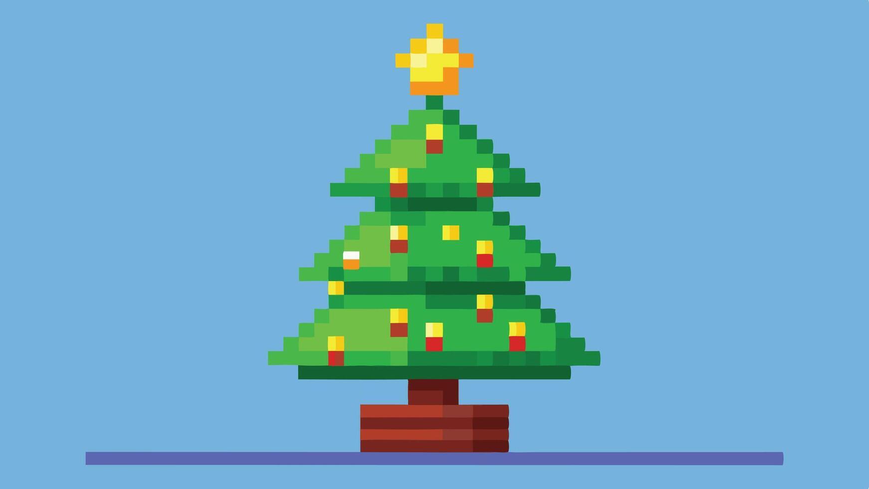 A pixel art Christmas tree decorated with colorful ornaments and a shining star on top against a simple blue background vector