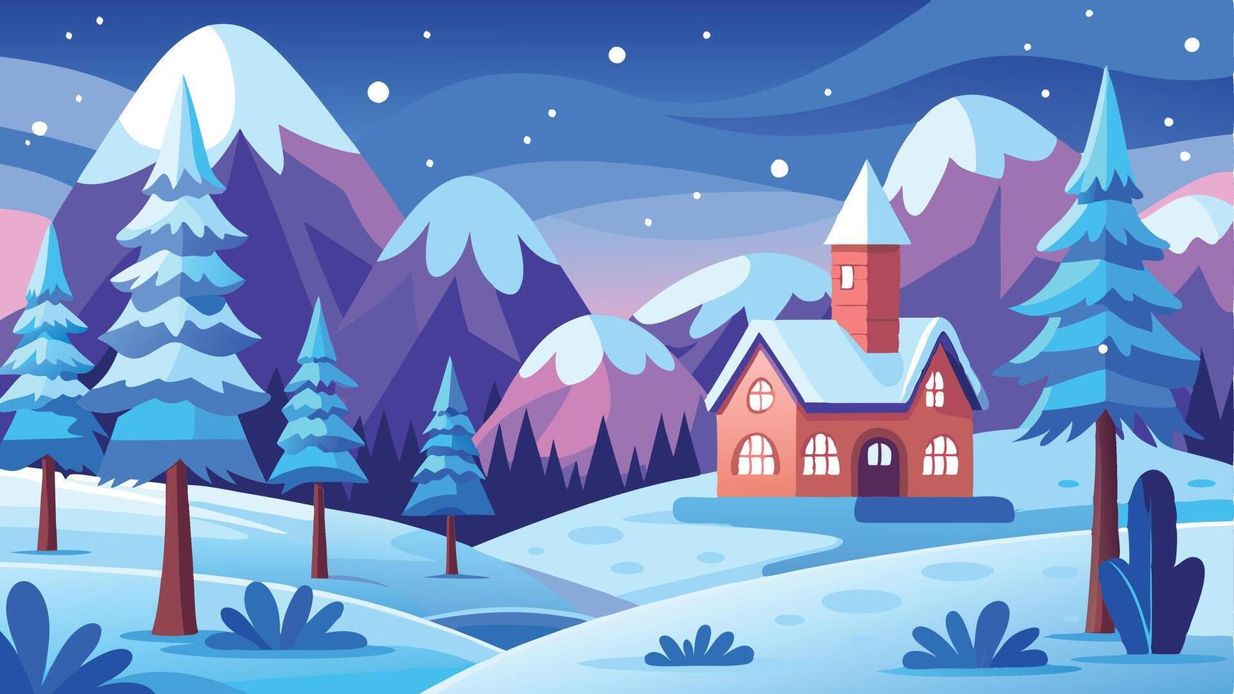 A colorful winter landscape featuring a cozy cabin surrounded by snow-covered mountains and pine trees under a clear blue sky during the daytime vector