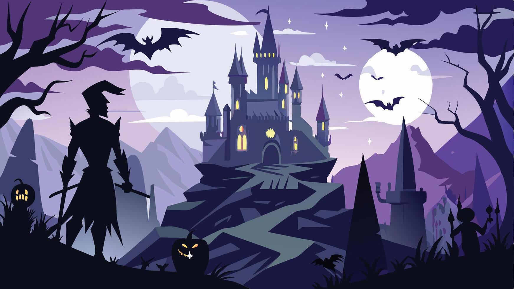 A mysterious figure stands silhouetted against a full moon, overlooking a haunted castle surrounded by bats and dark mountains at night vector