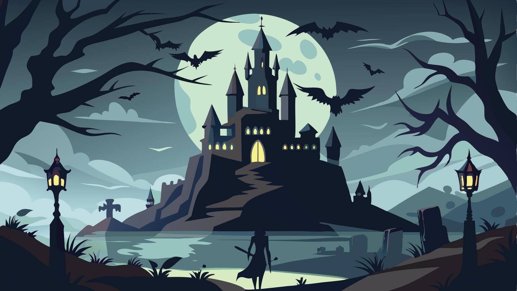 A spooky Halloween night featuring a haunted castle illuminated by a full moon, complete with bats, eerie trees, and shadowy figures of a witch and skeleton on the path vector