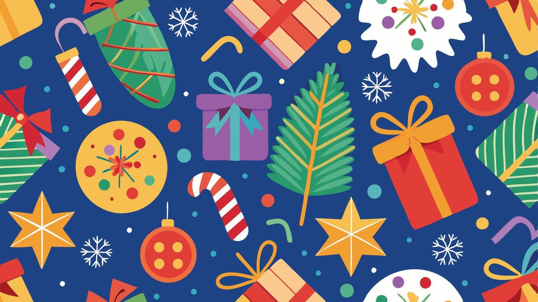 Colorful holiday gifts and decorations scattered across a bright blue background, creating a festive atmosphere suitable for celebrations during winter festivities vector