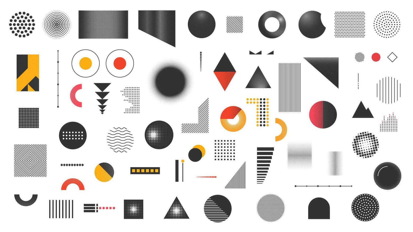 Universal trend memphis set, halftone geometric shapes isolated on white background. Flat elements composition collection of flat design, circles, triangles, shapes. vector