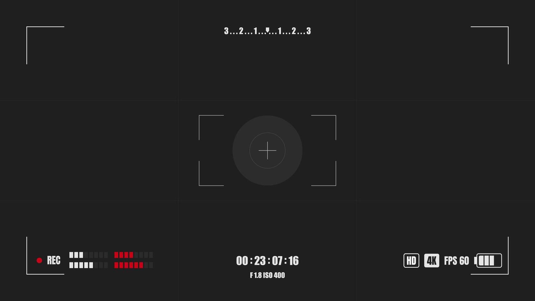 Camera horizontal viewfinder template on black background. 4K setting resolution rec frame. recording screen. vector