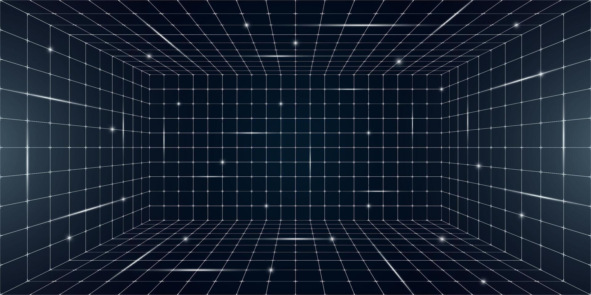 Futuristic grid box with abstract wireframe design, white lines on dark background. Retro 80s 90s digital aesthetic capturing virtual reality landscape in nostalgic futuristic style vector