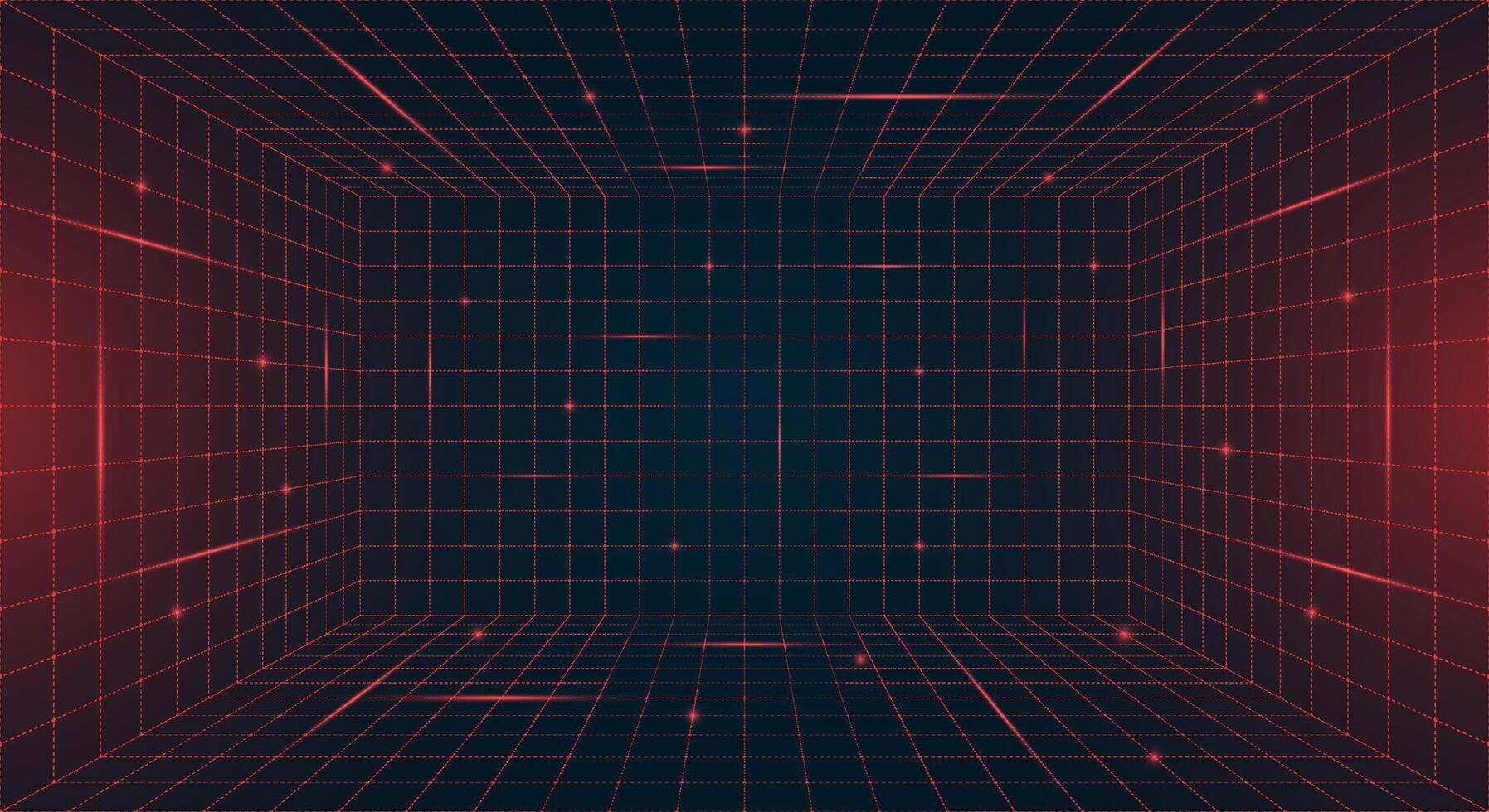 Futuristic HUD grid box featuring abstract wireframe design. Red dotted grid lines on dark blue background. Virtual reality landscape inspired retro 80s 90s digital aesthetic for modern nostalgic look vector