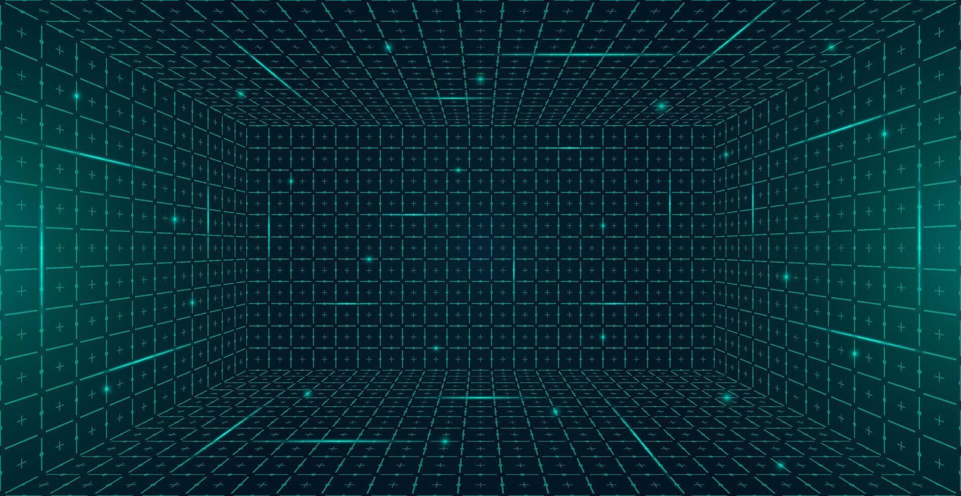 Futuristic perspective HUD grid box abstract wireframe. Green grid lines on dark background evoke 80s 90s digital style. GUI FUI design inspired virtual reality landscapes and retro future aesthetic vector