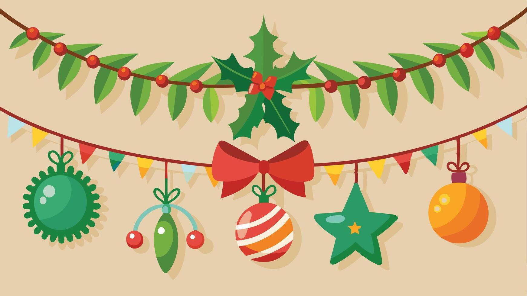 Colorful Christmas decorations with festive ornaments, holly, and a Christmas tree on a light blue background, creating a cheerful holiday atmosphere vector