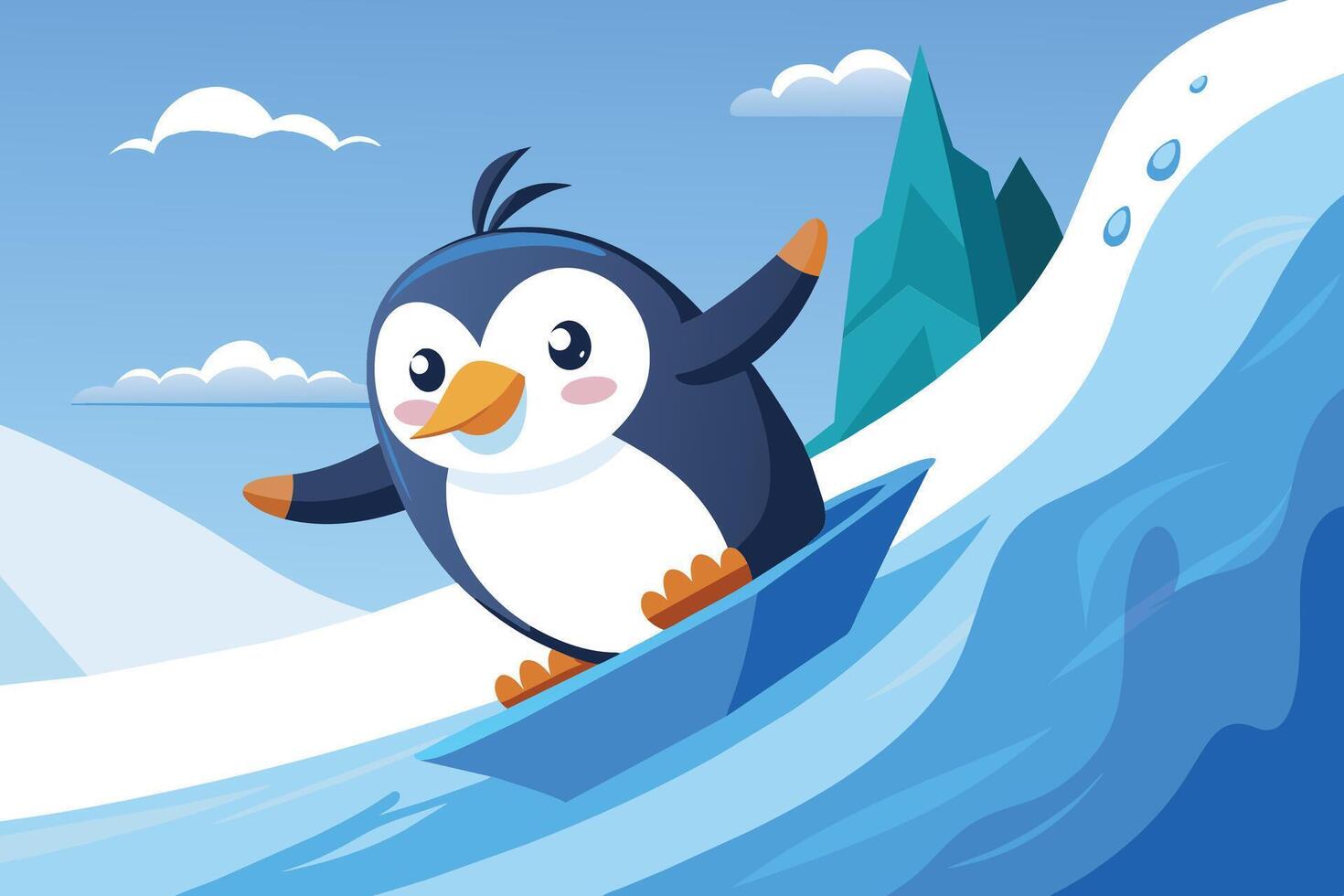 A penguin sliding joyfully down an icy hill vector