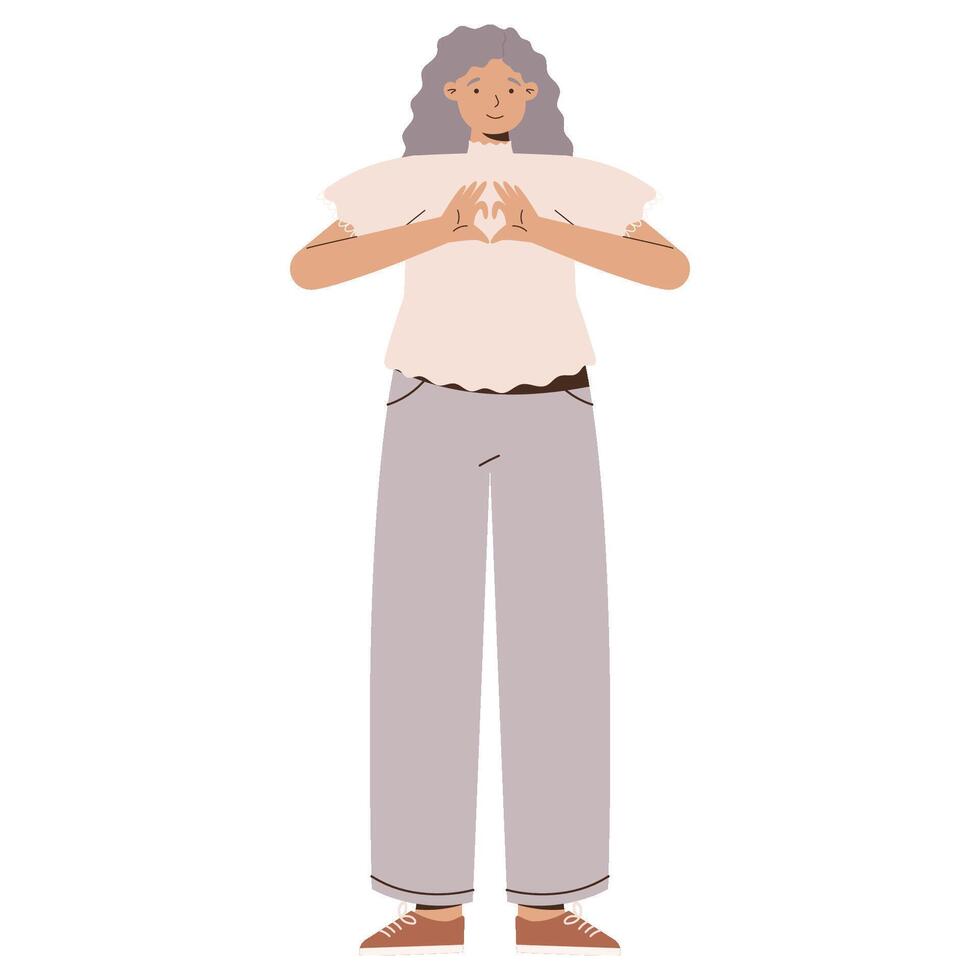 Illustration of an Older Woman with Gray Curly Hair in Light Beige Blouse and Gray Pants Showing Heart Gesture vector
