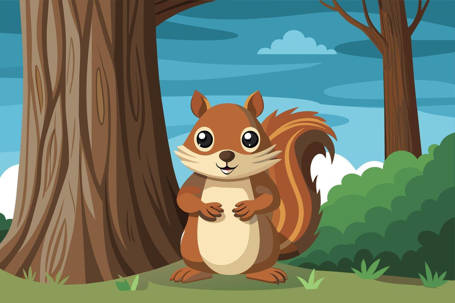 A squirrel with a nut stash peeking out from behind a tree trunk vector