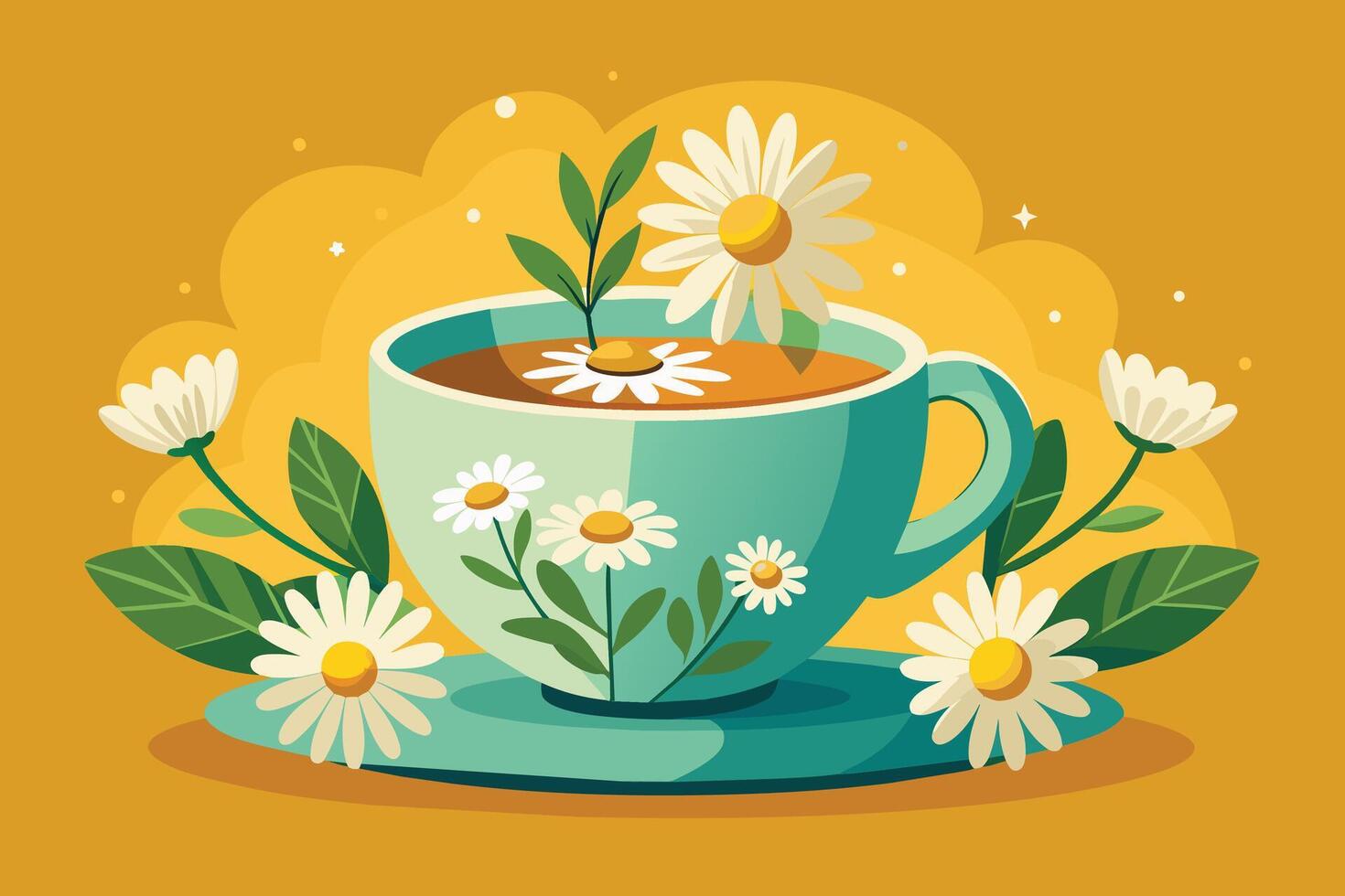Cozy chamomile flowers in a cup of tea Illustration vector