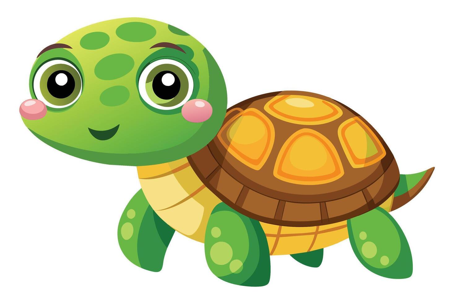 Cartoon image of a smiling green turtle with big eyes and a brown and yellow shell. vector