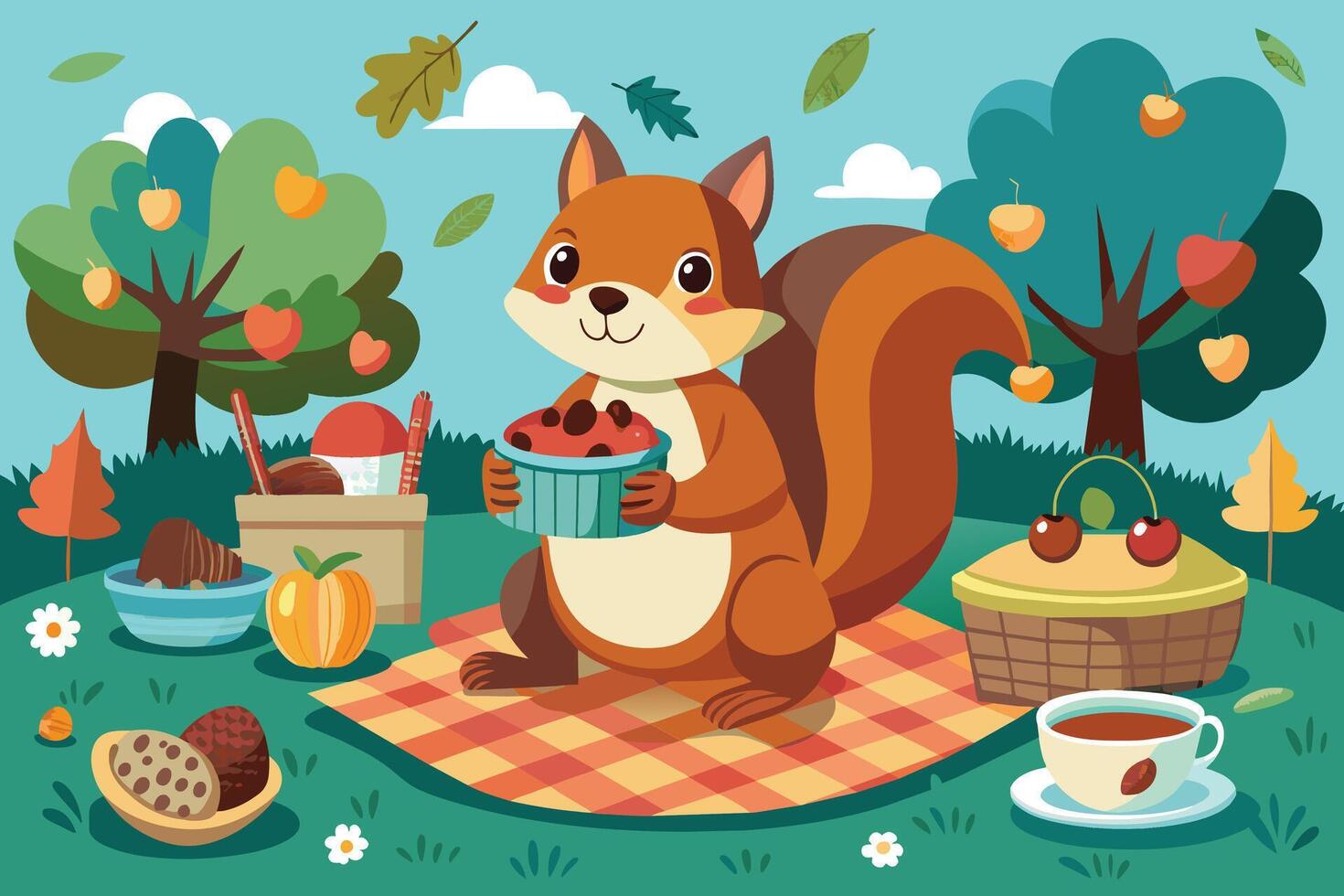 A squirrel hosting a picnic with acorn-themed treats vector
