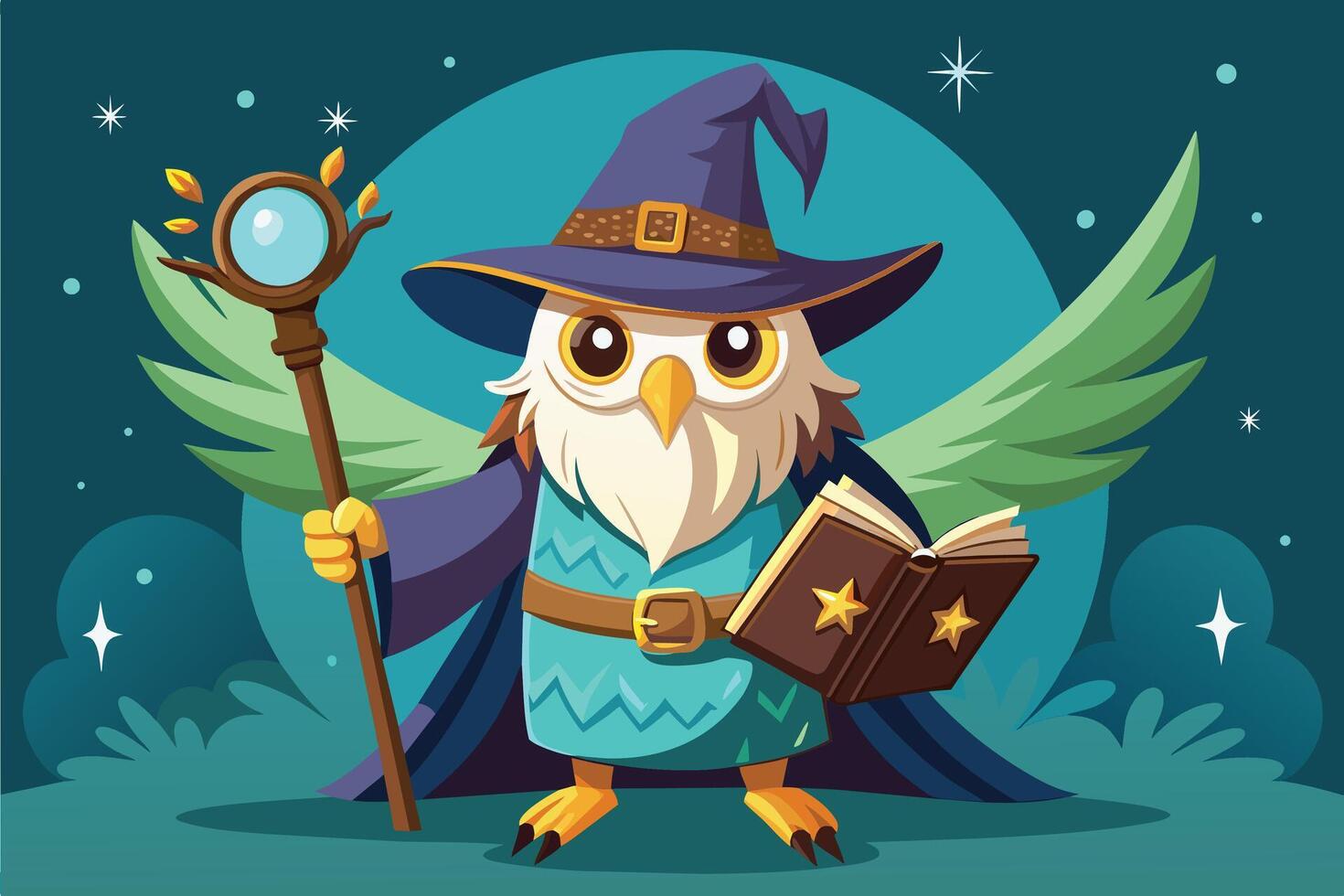 A whimsical wizard owl with a wand and spellbook vector