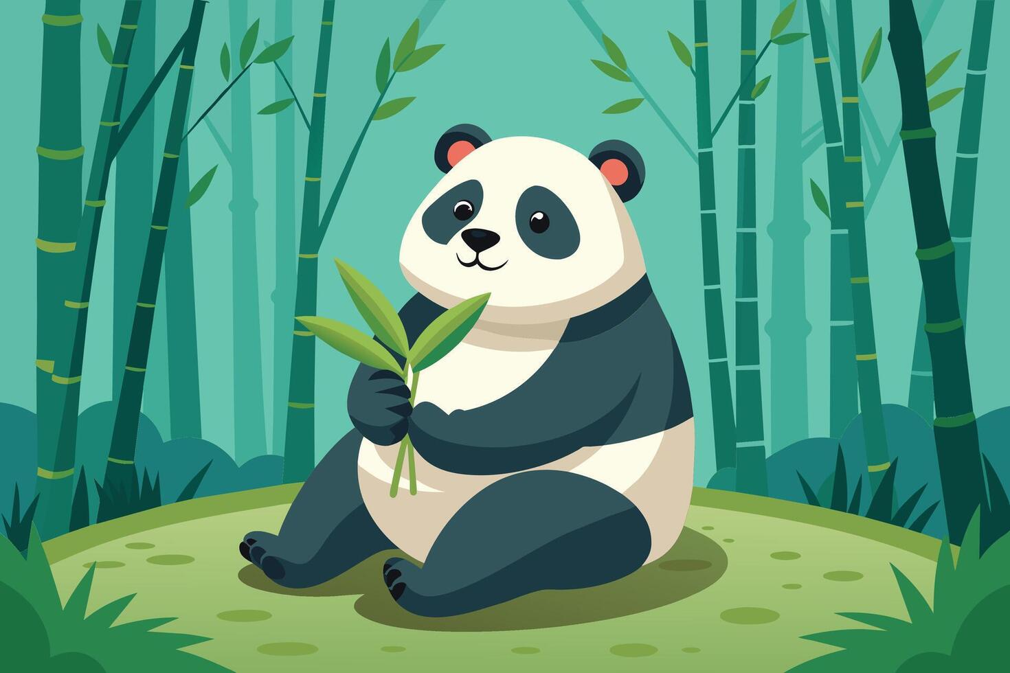 Cute panda eating , Panda eating bamboo in a bamboo forest illustration vector