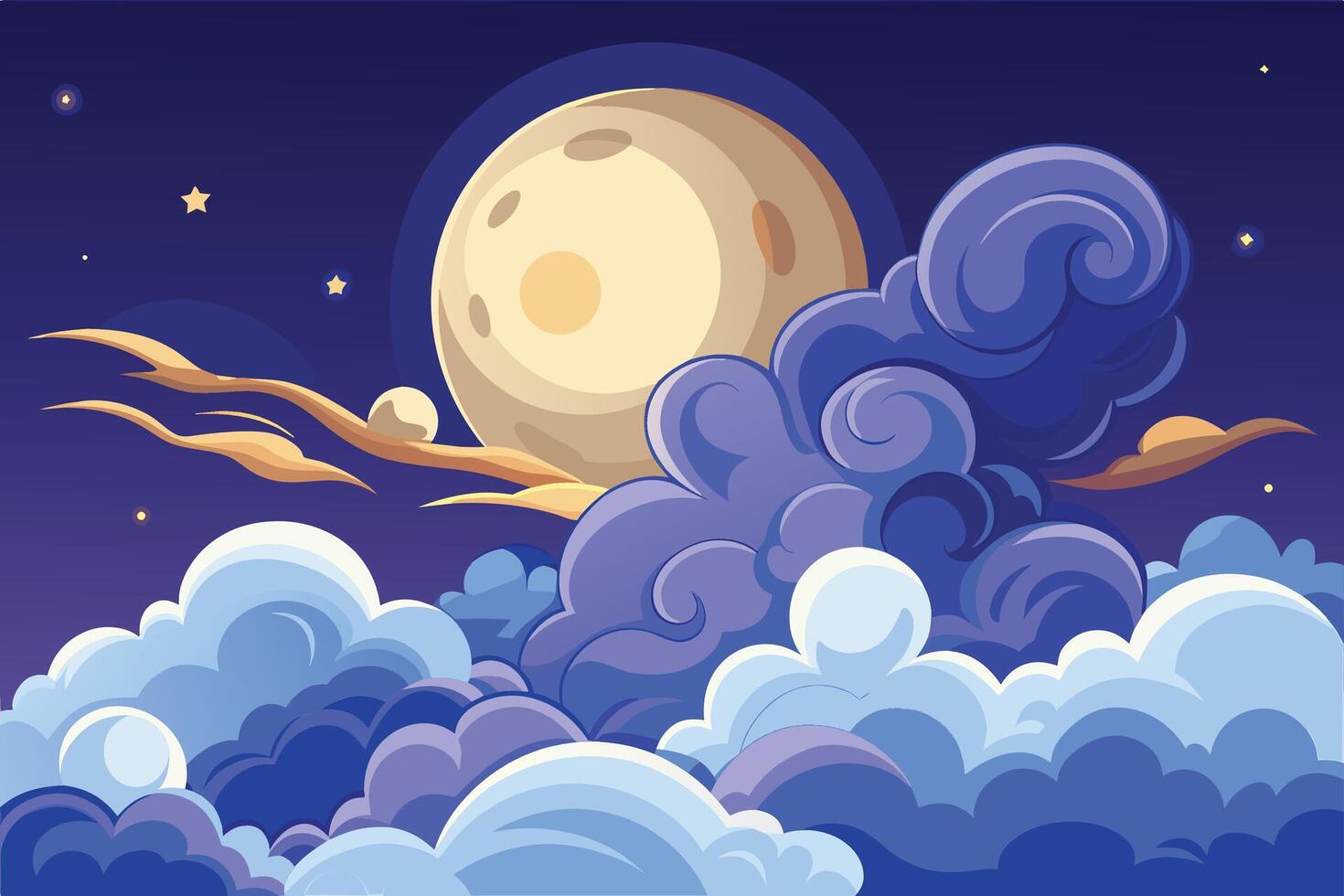 Illustration of a large yellow full the moon rising behind colorful stylized clouds in a starry night sky vector