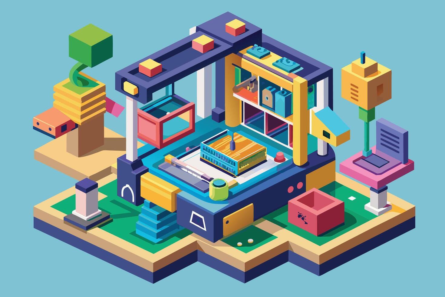 3D printer constructing a complex object layer by layer, 3d printing isometric in blank background vector