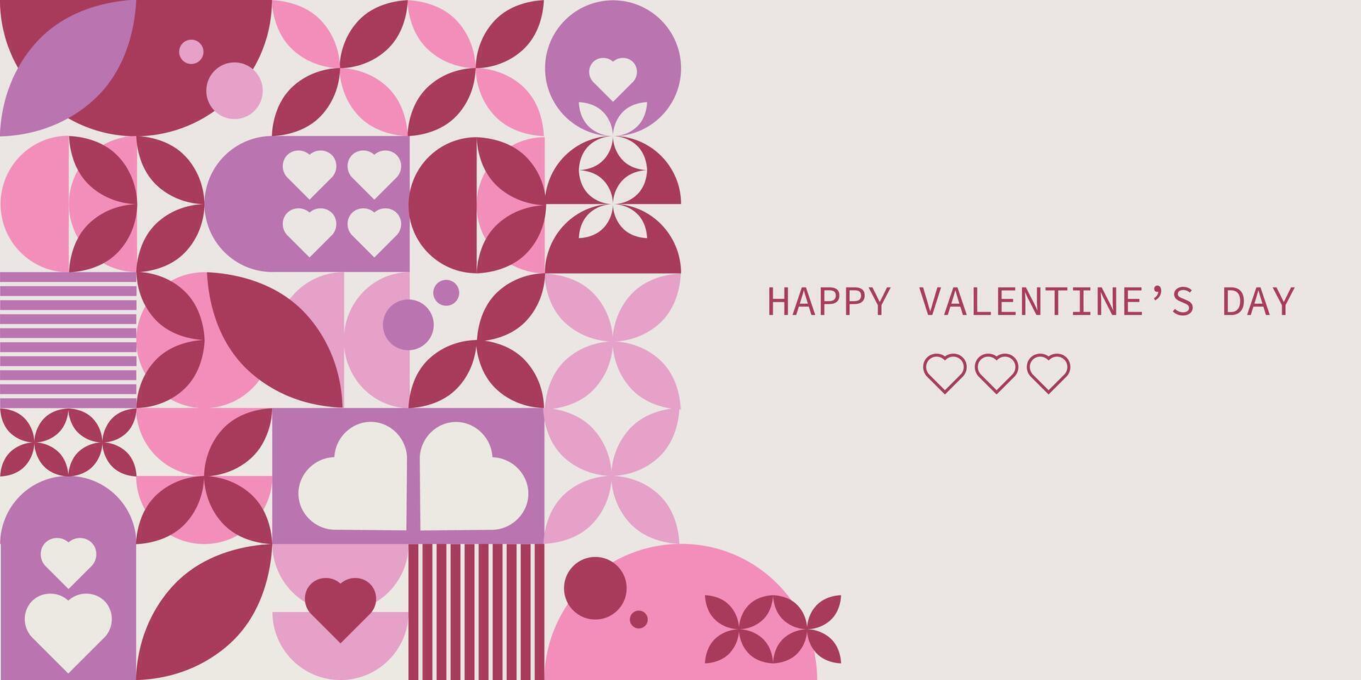 Geometric Valentine's Day greeting card featuring abstract mosaic design with love symbols in pink hues, ideal for posters, banners, and designs vector