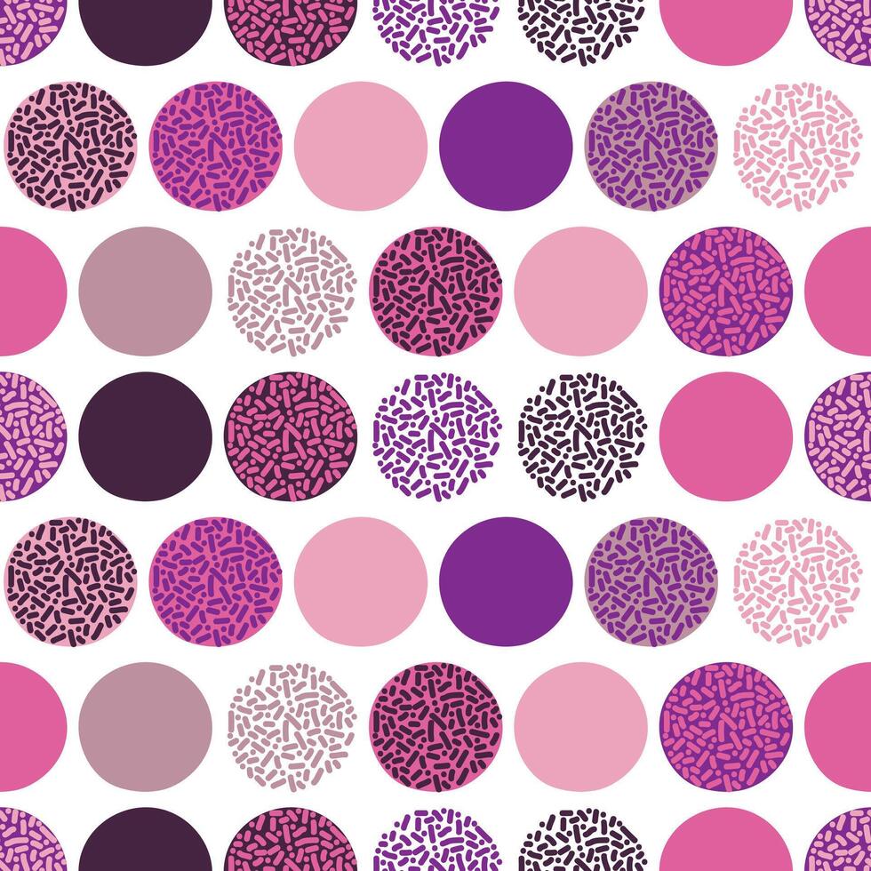Seamless abstract pattern featuring circles in shades of pink, purple, and mauve with solid and textured designs, ideal for modern backgrounds and fabric prints vector
