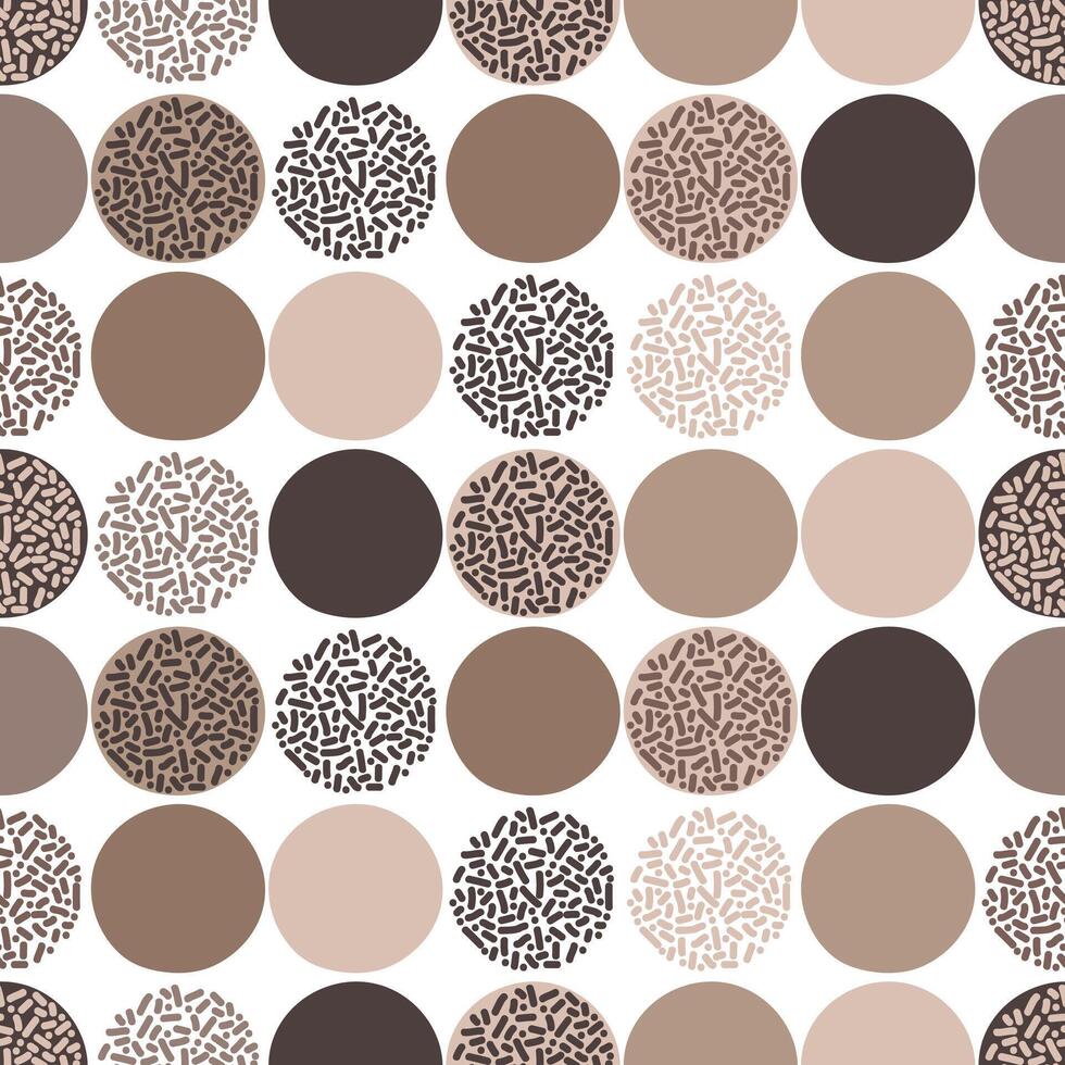 Seamless abstract pattern featuring circles in earth tones, including beige, brown, and dark chocolate hues with both solid and textured elements vector