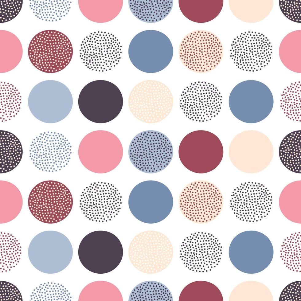 Seamless abstract pattern with pastel and earth-toned circles, featuring solid and dotted designs in blue, pink, beige, and burgundy shades vector