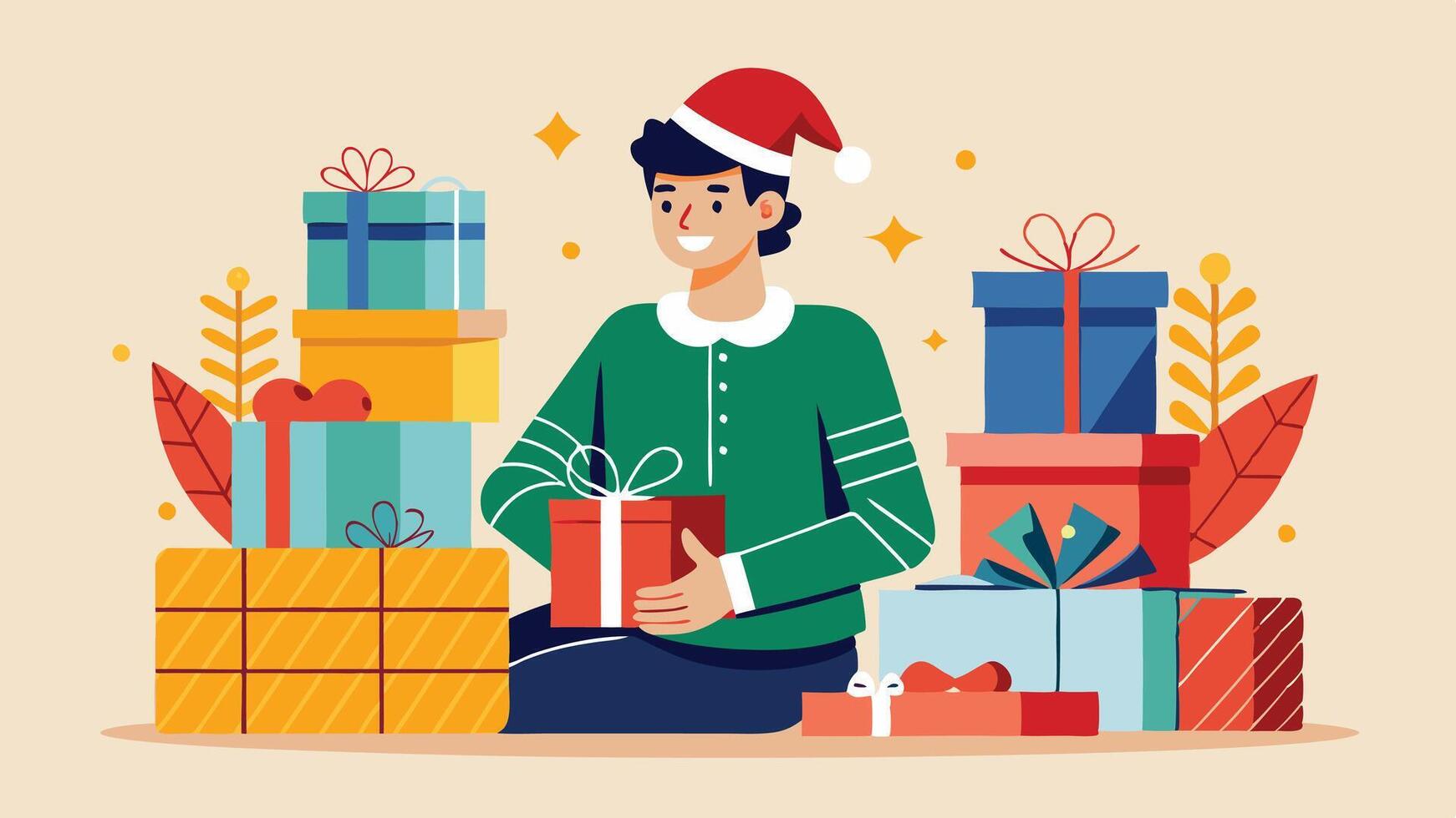 A cheerful person in a Santa hat is sitting among colorful wrapped gifts, preparing to unwrap a present surrounded by a festive holiday atmosphere at night vector