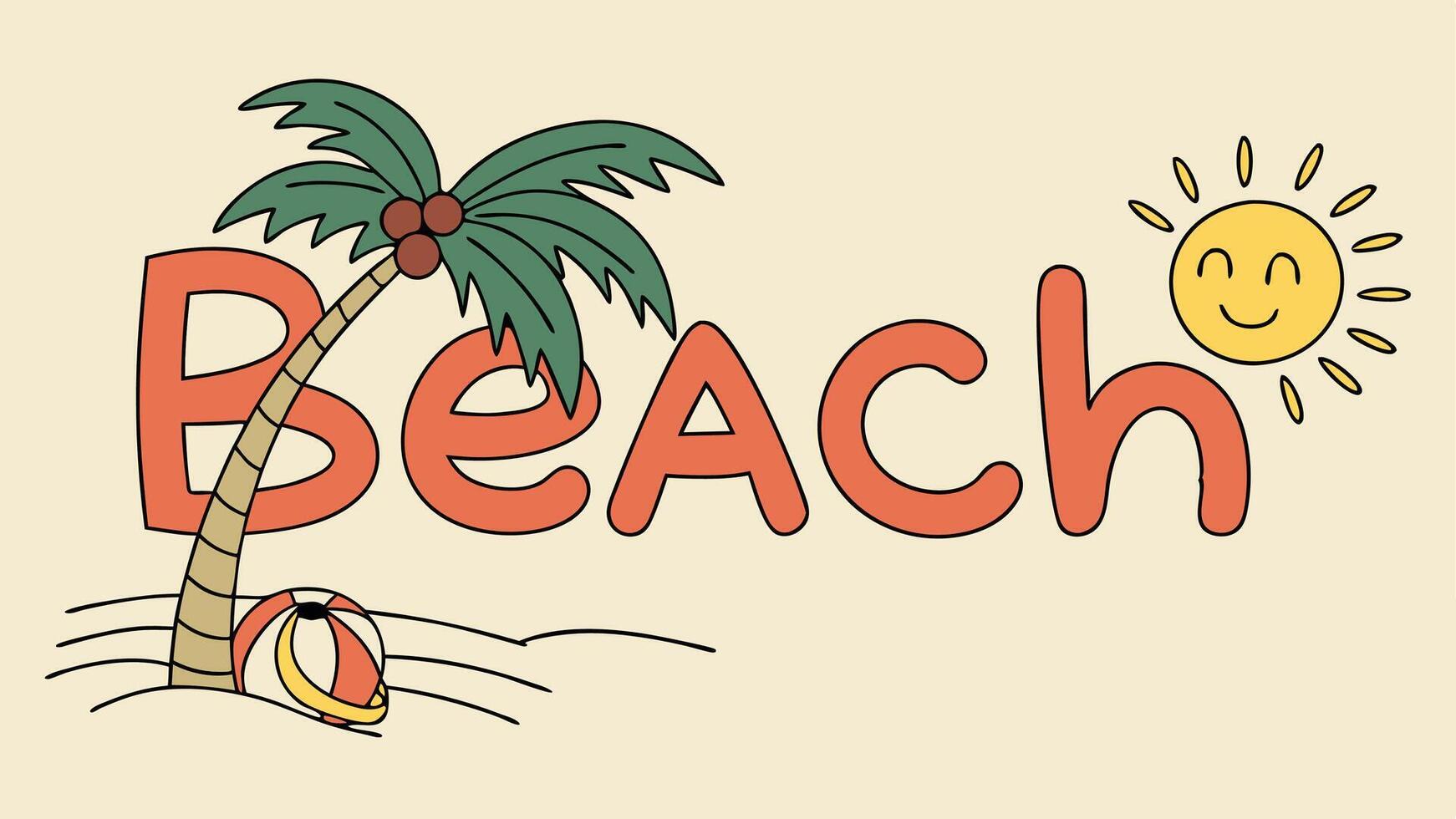Fun Beach Scene with Palm Tree and Sun vector