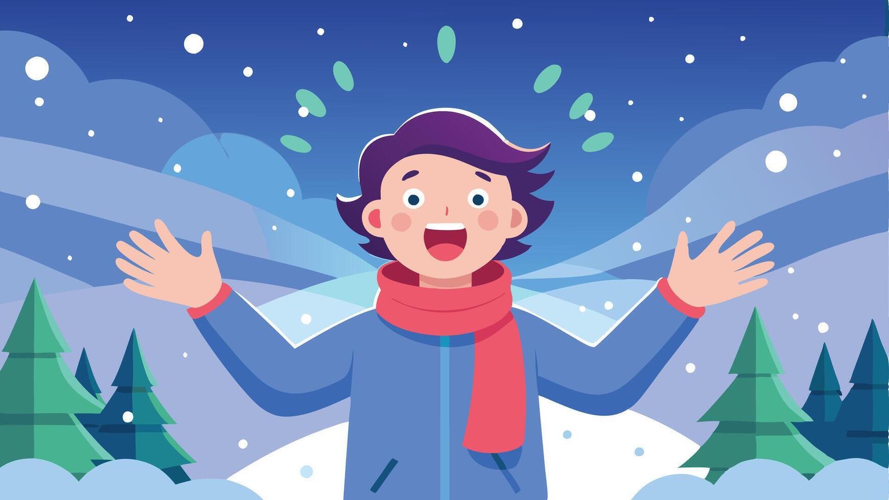 A joyful child enjoying snowfall while wearing a warm hat and scarf in a winter landscape with snowy trees and blue skies vector