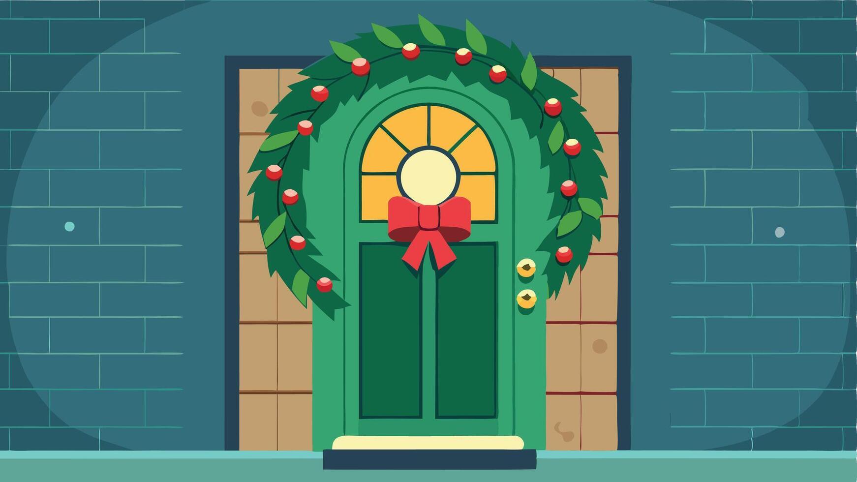 A festive holiday door adorned with a colorful wreath, surrounded by snowflakes, capturing the warmth of winter decoration in a cozy home vector