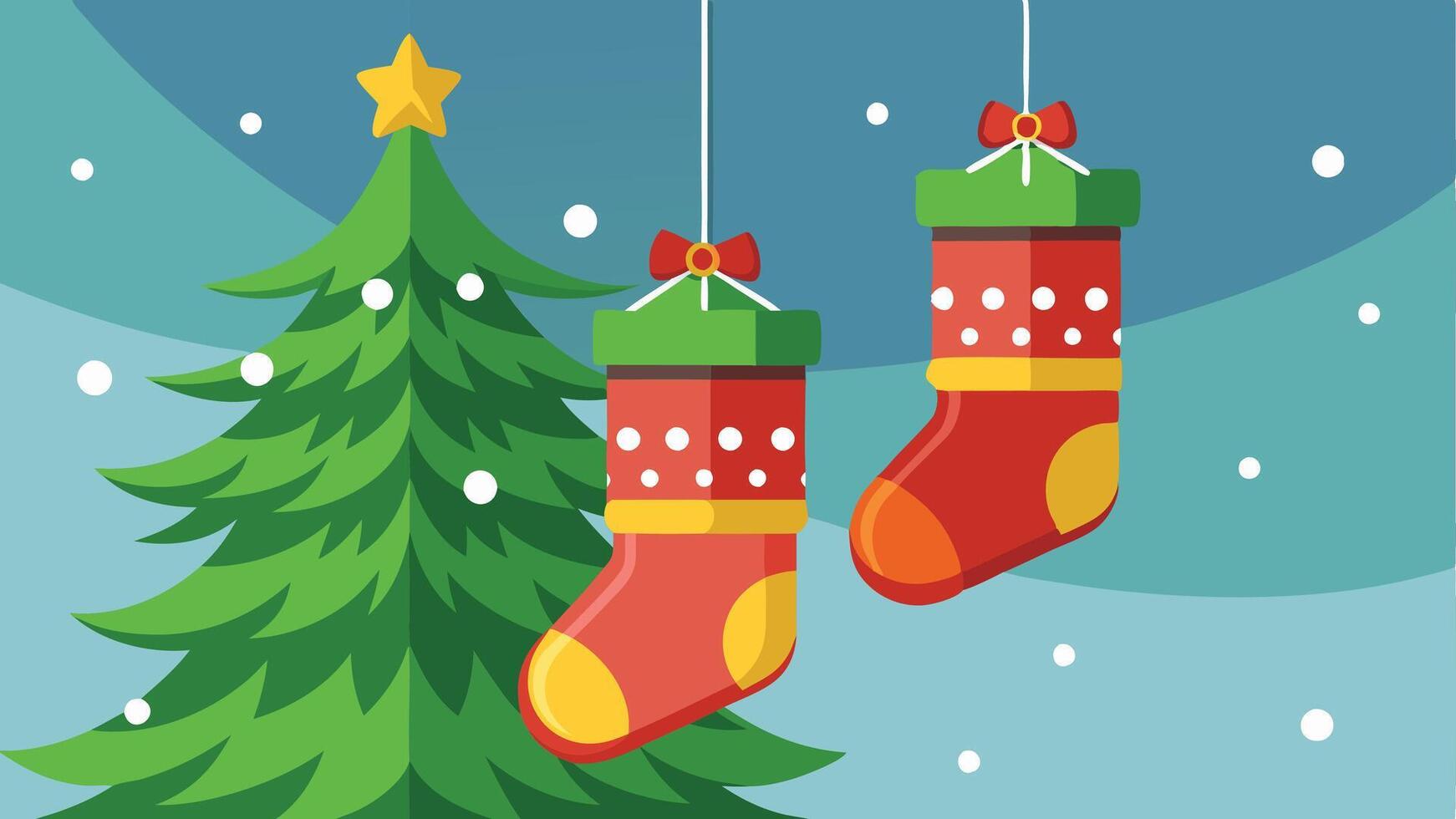 Colorful Christmas stockings hanging between decorated trees on a winter day, creating a festive atmosphere with cheerful ornaments vector