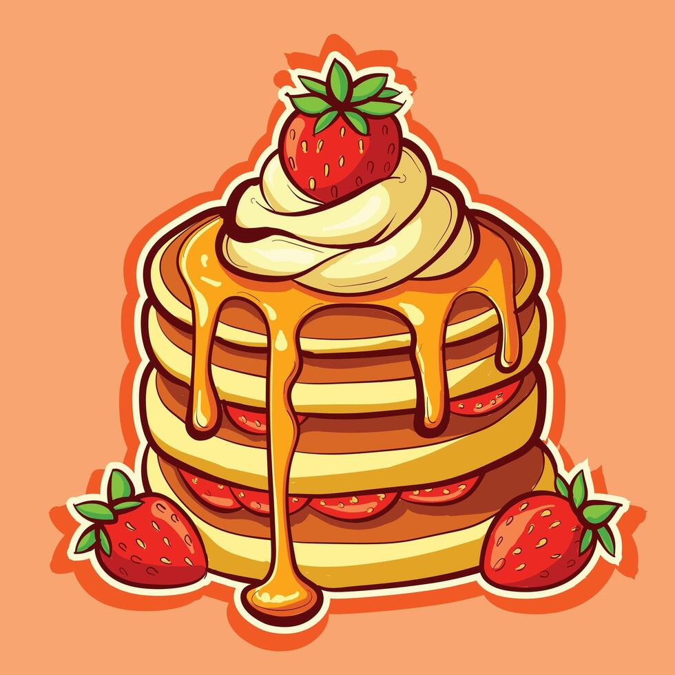 Cartoon clipart of strawberry pancakes with dripping melting butter and maple syrup. Sweet cake dish with berries and sugar. vector