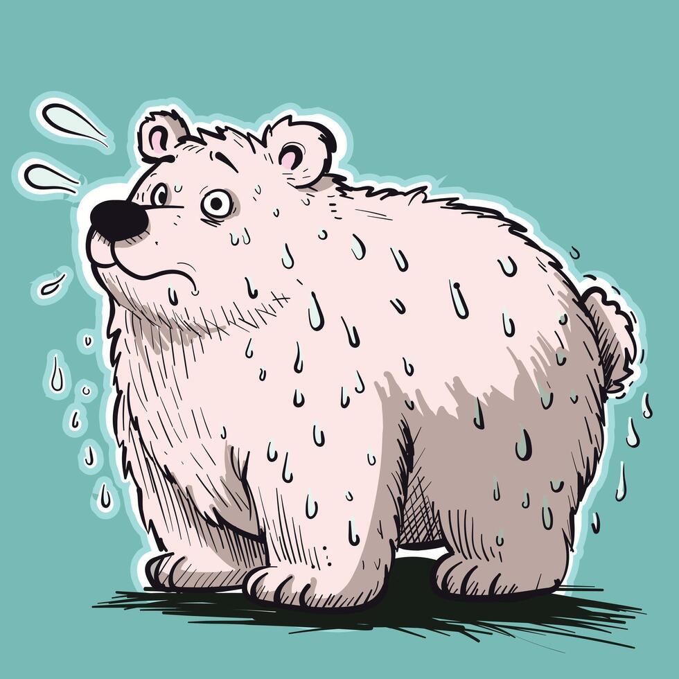 Polar bear sweating, poster and clipart concept about climate change, pollution and global warming awareness. White mammal being hot, ecosystem and nature destruction issues. vector