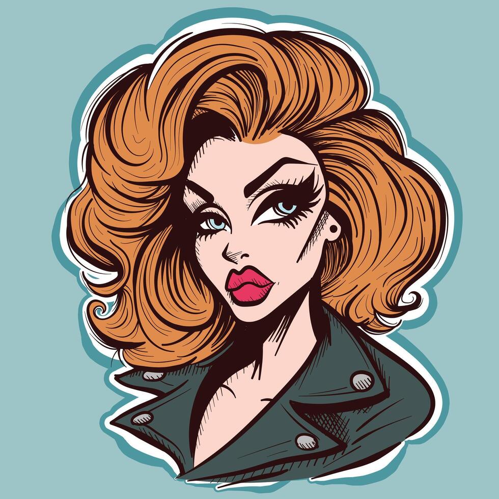 Portrait of a drag queen with flaming blonde hair and denim jacket. vector