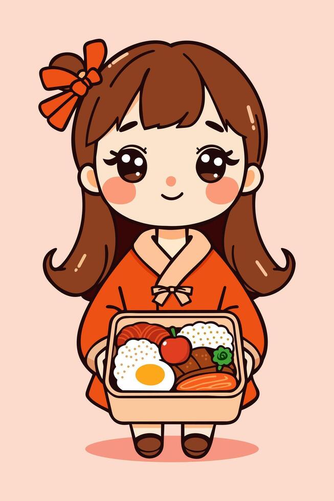 Cute girl holding bento box. isolated illustration in warm colors vector