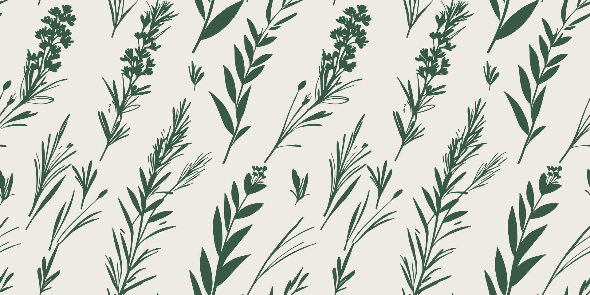 seamless floral pattern with green herbs and grass on light gray background vector