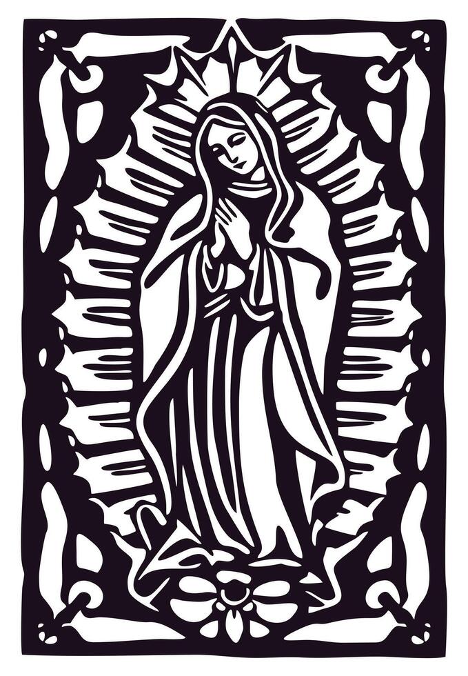 Our Lady. Virgin Mary of Guadalupe. Monochrome woodcut illustration vector