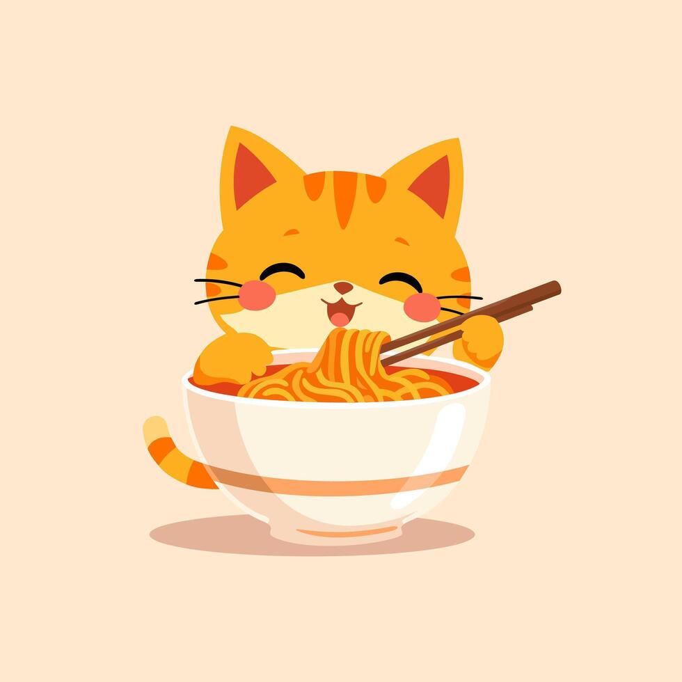 Happy kitten eating japanese noodle with sticks. isolated illustration in kawaii style vector