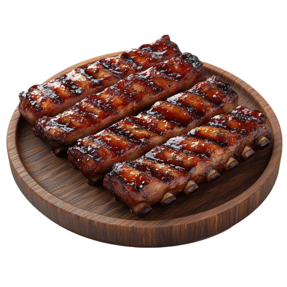 Wooden Plate with Grilled Ribs in Shiny Caramelized Sauce png