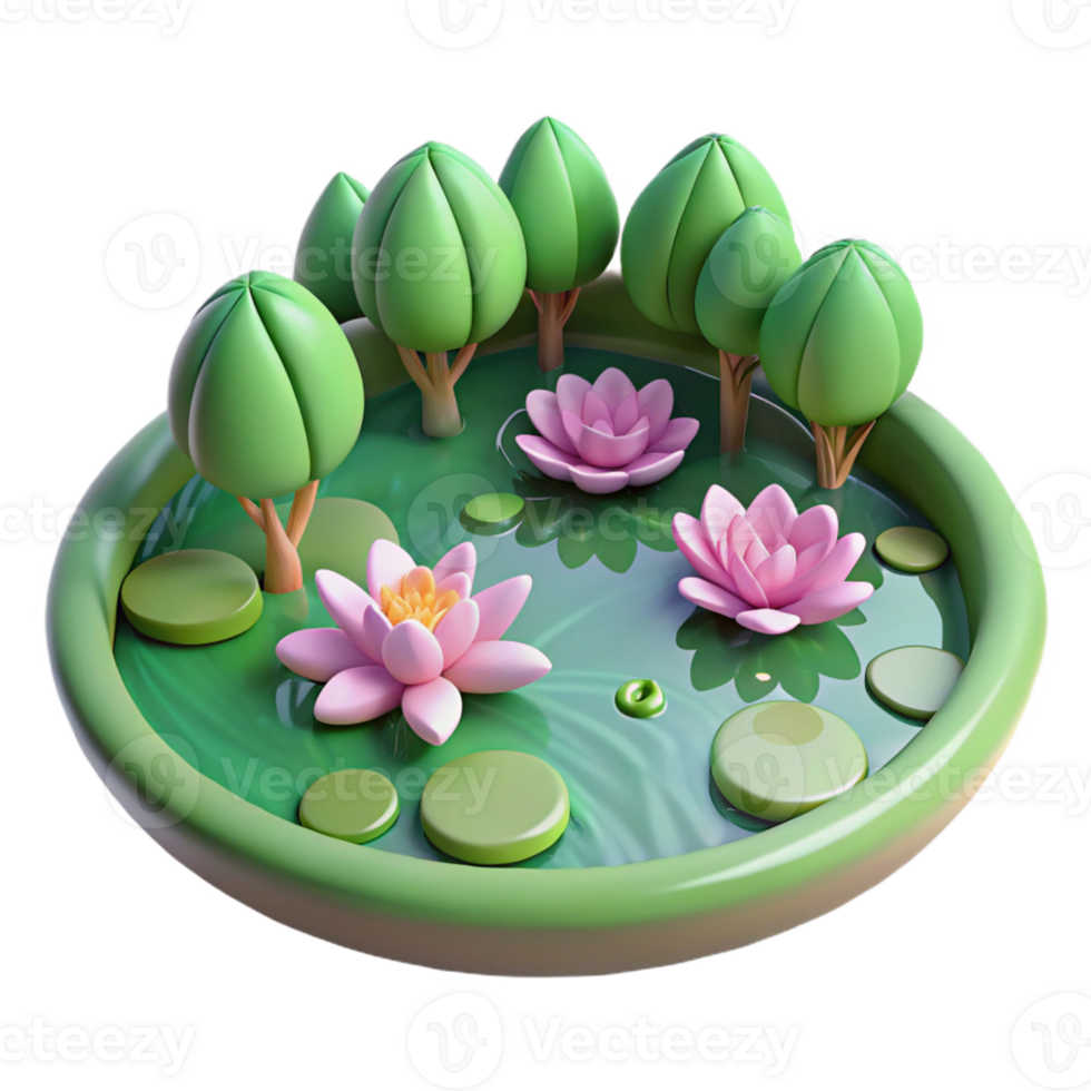 3D Cartoon Pond with Lotus Flowers and Trees png
