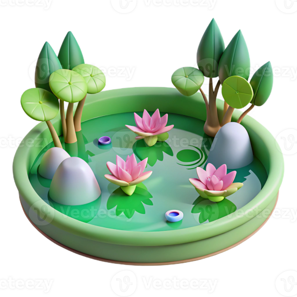 3D Rendered Pond with Lotus Flowers png
