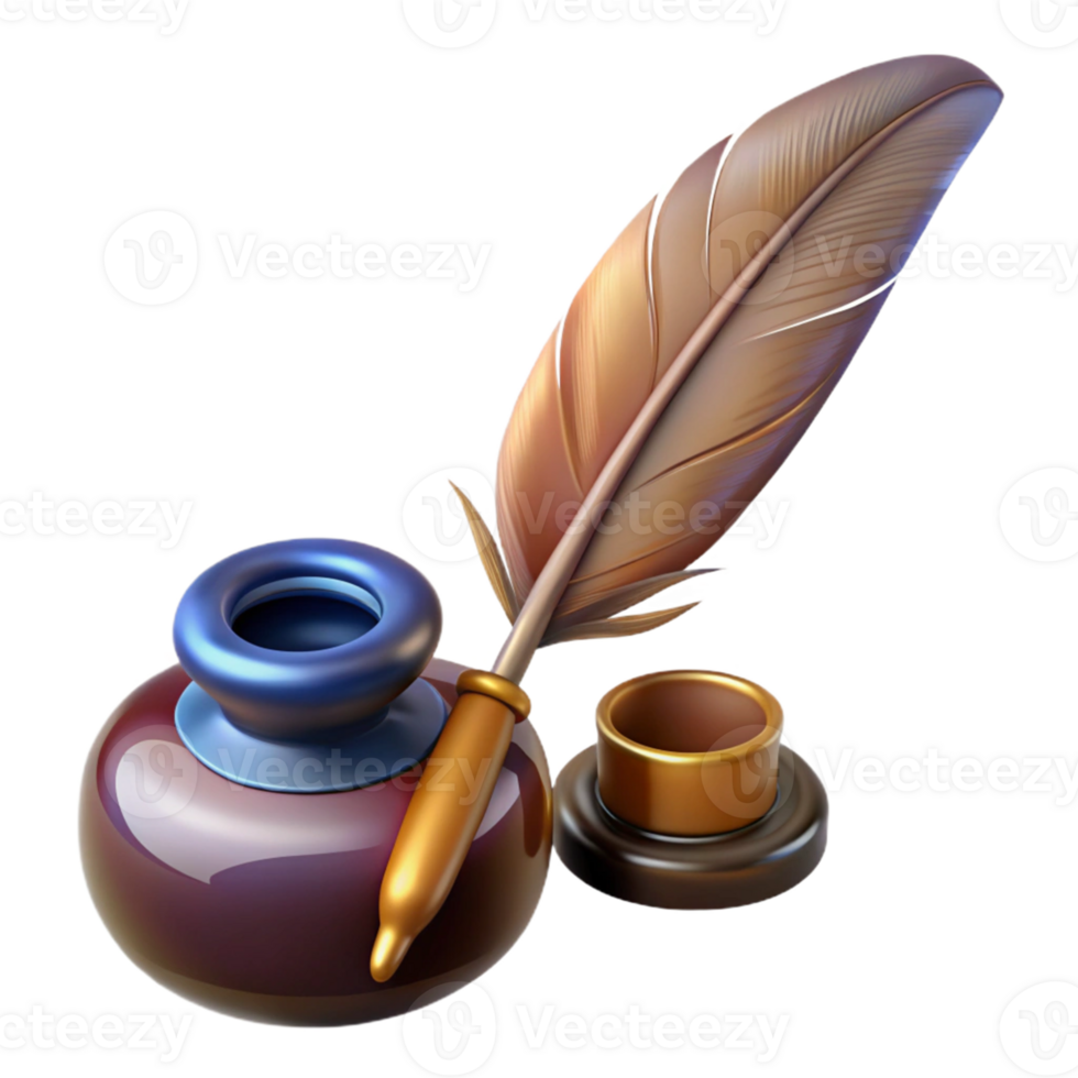 Inkwell and Quill Pen 3D Render png